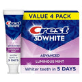 Crest 3D White Advanced Whitening Toothpaste, Luminous Mint, 3.7 oz, 4 Pack