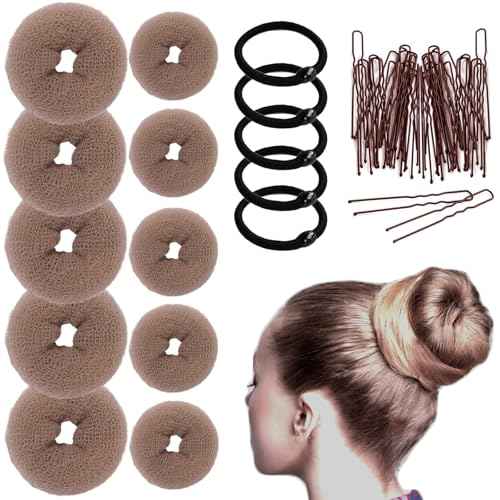 10 Pcs Hair Bun Maker - Donut Bun Maker for Hair(5 medium and 5 small),Ballet Bun for Women and Kids with Elastic Hair Ties, Hair Pins(Tan Brown)