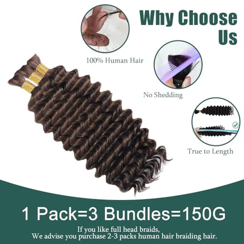 Boho Deep Wave Bulk Human Hair for Braiding - 3 Bundles 16"