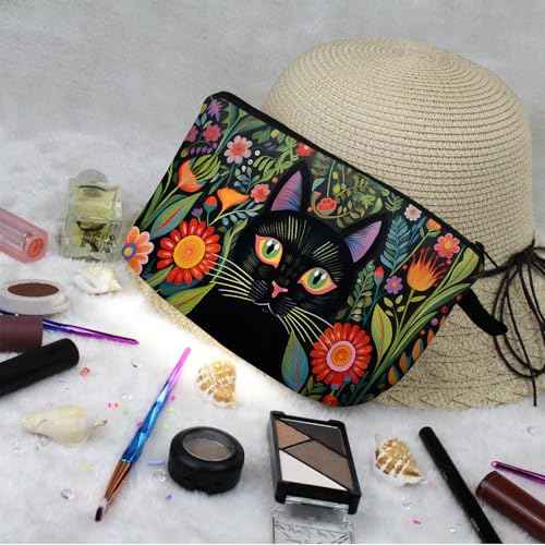 Black Cat Makeup Bag Mexican Folk Art Painting Small Organizer Zipper Pouch Floral Black Cat Kitten Print Cosmetic Bag Present for Women Friends