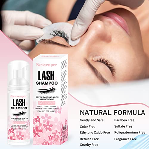 Lash Shampoo for Eyelash 100ML + Brush & Mascara Wand Eyelid Foaming Cleansing, Eyelash Extension Cleanser Remover,Makeup Remover,Salon and Home Use