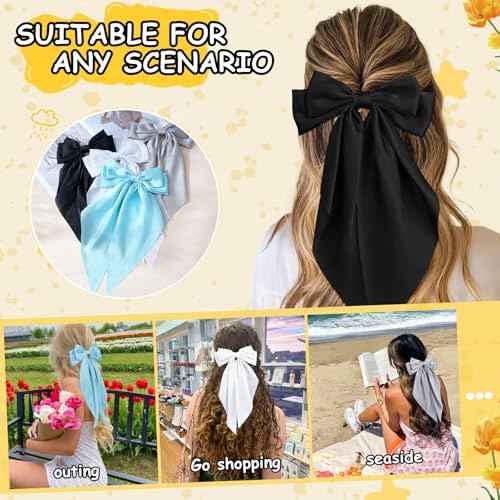 4 Pcs Hair Bows for Women Big Ribbon Bows for Hair Long Tail Bow Hair Clips Cute Hair Barrettes Hair Accessories for Girls (Blue + White + Gray + Black)