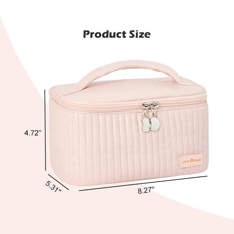 kamumanni Travel Makeup Bag, Top Open Makeup Case with Handle, Portable Cosmetic Bag with Brush Holder, Soft PU Leather Toiletry Bag for Women, Pink