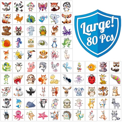 Large Temporary Tattoos for Kids, 80 Cartoon Animal Designs, 2" Stickers