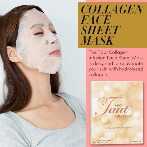 TAUT Collagen Face Mask ? 5 Sheet Pack with Hyaluronic Acid, Marine Collagen & Vitamin C ? Hydrating, Anti-Aging Sheet Mask for Firm, Glowing Skin ? Korean Skincare Inspired