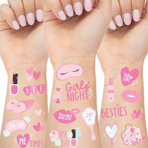Spa Party Temporary Tattoos - 66 Kids Temporary Tattoos | Perforated Sheet for Easy Tear & Share | Slumber or Spa Party Favors, Girls Night, Pajama Birthday or Sleepover Supplies