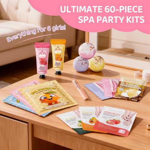 60PCS Spa Party Favors Kit Include Face Masks Skincare,Hand Masks,Lip Mask,Under Eye Patches,Lip Balm,Foot Bath Bombs,Hand Cream,Spa Sleepover Party Supplies for Christmas