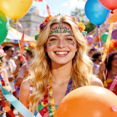 Mardi Gras Face Gem Stickers – Self-Adhesive Glitter Jewels, 2 Sheets