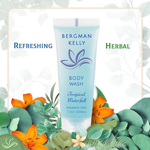 BERGMAN KELLY Travel Size Body Wash (1 fl oz, 100 PK, Tropical Waterfall), Delight Your Guests with an Invigorating and Refreshing Hotel Body Wash, Mini and Small Size Guest Hotel Toiletries in Bulk
