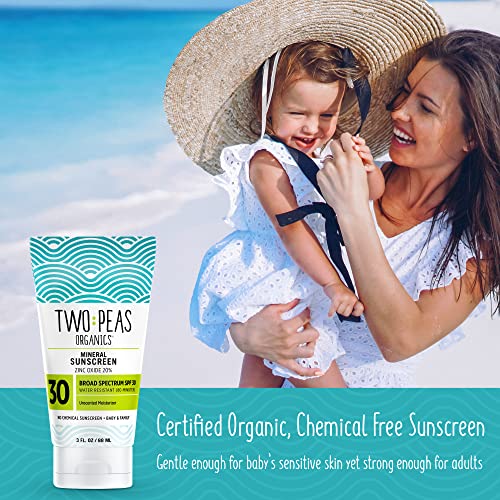 Two Peas Organics - All Natural Organic SPF 30 Sunscreen Lotion - Coral Reef Safe - Baby, Kid & Family Friendly - Chemical Free Mineral Based Formula - Waterproof & Unscented - 3oz (two Pack)