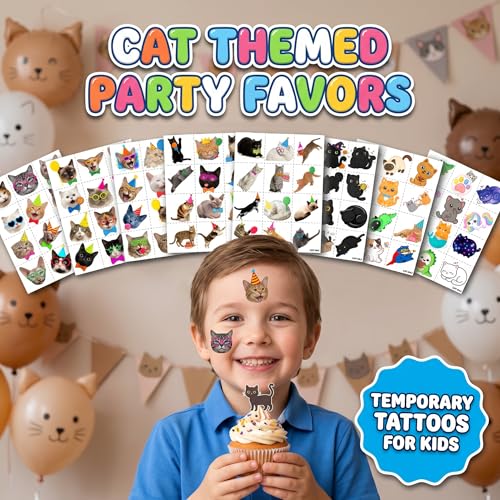 96 Cute Cat Temporary Tattoos - 8 Sheets Party Favors