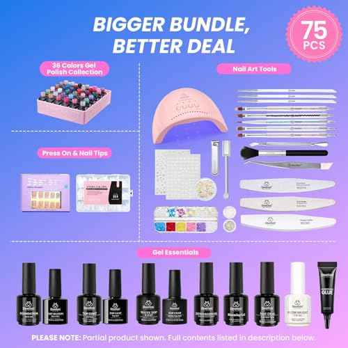 Beetles Gel Nail Polish Kit with U V Light - Gift Box Wild Gleam Collection 36 Colors Nail Polish Kit 75 Pcs for Women Girls Gel & Top Base Coat with Brushes & False Nails Tip Must Have Salon at Home