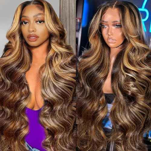 SFD 13x6 Ombre Lace Front Wig Human Hair 220% Density Blond Highlighted Wig Human Hair pre plucked Brown Highlighted Wigs Body Wave 4/27 Highlight Lace Front Wigs 28inch