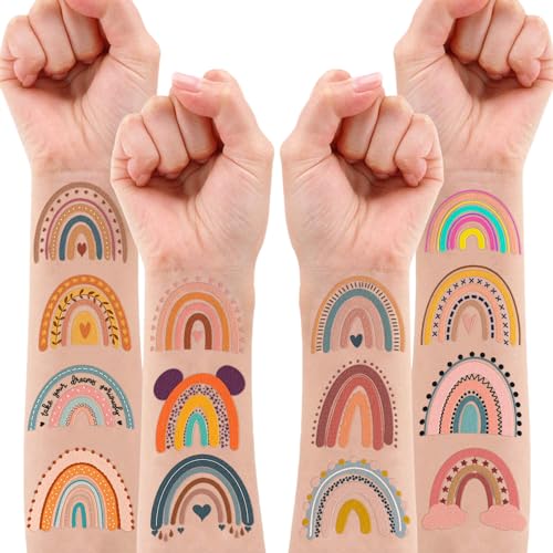Boho Rainbow 1st Temporary Tattoos 8 Sheets 96PCS Rainbow Party Decorations Supplies Favors Boho Pastel Theme Birthday Cute Stickers Christmas Gifts for Boys Girls Class School Prizes Carnival