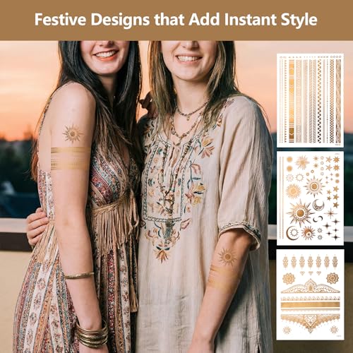9 Sheets Gold Temporary Tattoos,110+ Designs Glitter Fake Tattoos for Women,Waterproof and Long-Lasting,Gold Metallic Glitter Tattoo Perfect for Vacation,Parties and Festivals