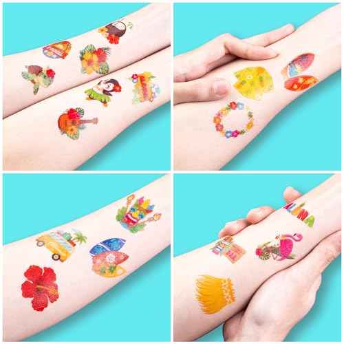 96 PCS Hawaiian Luau Pre-Cut Temporary Tattoos for Kids | Super Cute Themed Birthday Party Favors, Supplies, Decorations, Summer Fake Tattoo Stickers (Multiple)