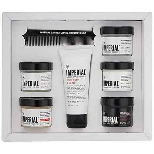Imperial Barber Travel Assortment/Gift Set Men's Traveling Hair Style -Classic, Fiber, Gel & Blacktop Pomade, Matte Pomade Paste, Freeform Cream, Comb