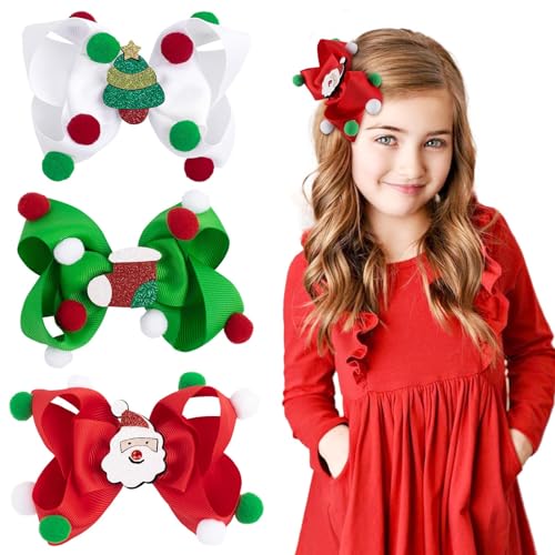 Christmas Hair Bows for Girls, Red Green White Christmas Bows Glitter Christmas Tree Santa Claus Christmas Boots Hair Clips Hair Accessories for Toddlers Kids Women Christmas Party (Christmas Bows-A)