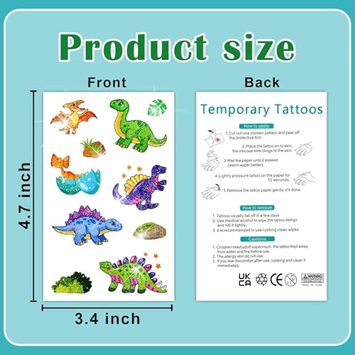 Dinosaur Glitter Tattoos for Kids - 120 Temporary Stickers (12 Sheets)