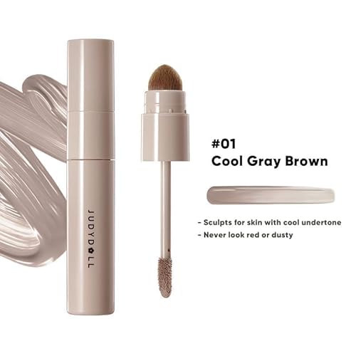 JUDYDOLL Cool Toned Contour, Cool Toned Contour Stick for Fair Skin, Smooth Liquid Contour & Highlighter With Dual Brush, Anti-Smudge & Brightening, Long-Lasting, Makeup Contour (01 Cool Gray Brown)