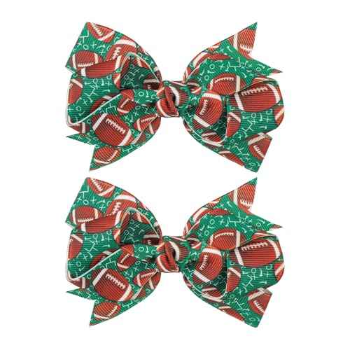 YanJie 2pcs 4'' Football Hair Bows Clips Glitter Ribbon Rugby Hair Clips Green Sports Theme Party Hair Accessories Baby Girl Football Outfit