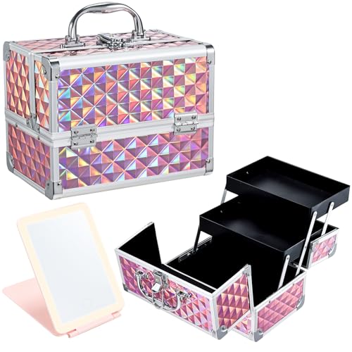 Makeup Case with Lighted Mirror Travel Makeup Organizer Box 2 Trays Lockable Cosmetic Train Case with Movable LED Mirror for Girls Make Up Nail Kits Sewing Vanity Storage Case Shiny Pink