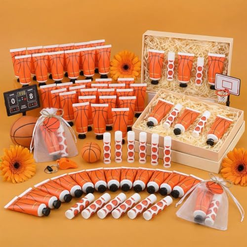 144 Pcs Basketball Lip Balm Hand Cream Set Party Favors, Include 36 Basketball Lip Balm 36 Moisturizing Hand Cream 36 Bags 36 Orange Gift Cards and Ropes for Man Women Accessories Gifts