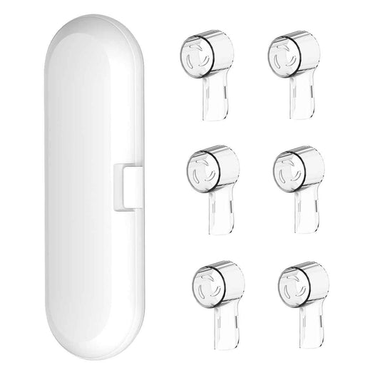 HORNORM Electric Toothbrush Travel Case for Oral-B Toothbrushes & 6Pcs Reusable Toothbrush Head Covers Compatible with Oral B Electric Toothbrush Heads (White)