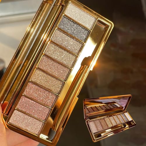 Glitter Eyeshadow Palette 9 Colors Shimmer Palette Highly Shining Pigmented Gold Eyeshadow Pigmented Shimmer Glitter Waterproof Eye Shadow Make Up Palettes (6# Natural color)