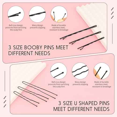 402pcs Bobby Pins U Hair Pins Set, 150pcs Wavy Bobby Pins 150pcs Hair Pins and 102pcs Hair Bands, U Pins for Hair Buns Women and Girls All Hair Types 2inch 2.4inch 2.75inch, Black