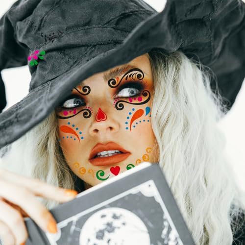 Day of Dead Glitter Tattoos - 6 Sheets Skeleton Face Stickers