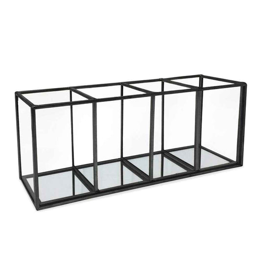 Isaac Jacobs 4-Compartment Organizer- Makeup Brush Holder- Vintage Style Brass and Glass Storage Solution with Mirror Base- Office, Bathroom, Kitchen Supplies and More (Black)