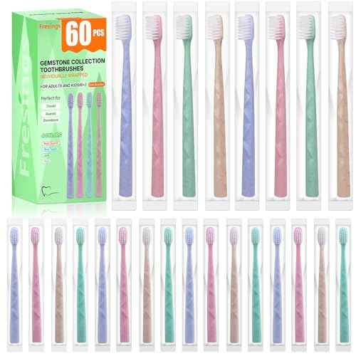 60 Pack Premium Disposable Toothbrush with Tongue Scraper ? Individually Wrapped Bulk Travel Toothbrushes, Soft Bristles for Guests, Hotel, Vacation Rental, Home & On The Go,4 Colors