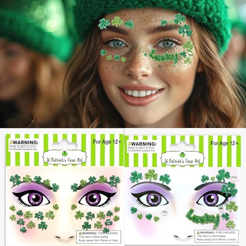 St. Patrick's Day Face Stickers - Green Shamrock Gems 2 Pack