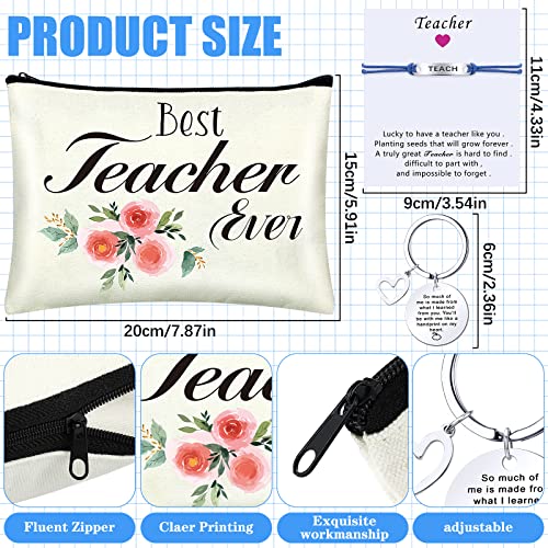 Funtery 16 Pcs Teacher Appreciation Gift Set 4 Cosmetic Bags 4 Keychains 4 Blessing Card Bracelets, 4 Pair Socks