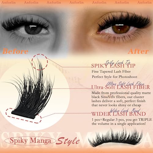 Thick Lash Clusters With Spikes 180D+280D Volume Eyelash Clusters 12-22MM Long Manga Lash Extension Spiky Cluster Eyelash Extensions 224Pcs Manga Individual Lashes DIY at Home by Anforlin
