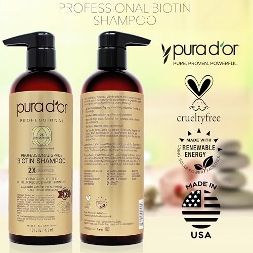 PURA D'OR Professional Grade Biotin Shampoo For Thinning Hair, Clinically Proven Anti-Thinning Hair Care, 2X Concentrated DHT Blocker Hair Thickening Products For Women & Men, 16oz