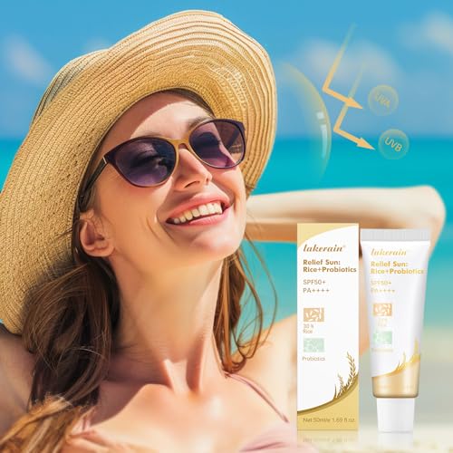 Rice Probiotic Sunscreen, Sun Relief Organic Sunscreen SPF50+, PA++++, Face Sunscreen with Niacinamide, Vitamin E, Zinc Oxide for All Skin Types