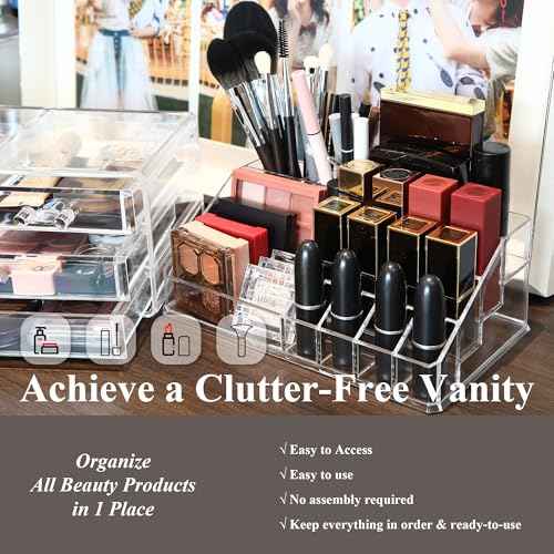 Sea Team 16-Slot Acrylic Plastic Lipstick Organizer, Clear Lipstick Holder, Makeup Storage Box, Cosmetic Display Case for Lippie, Lip Gloss, Eye Liner, Eyebrow Pencil, Nail Polish, Essence, Brush