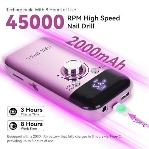 Vrenmol Electric Nail Drill Professional 45000RPM: Rechargeable Nail Drill Kit Portable Electric Nail File with Complete Bits for Acrylic Nails Gel Polishing Removing 2000mAh Nail Drill Machine Salons