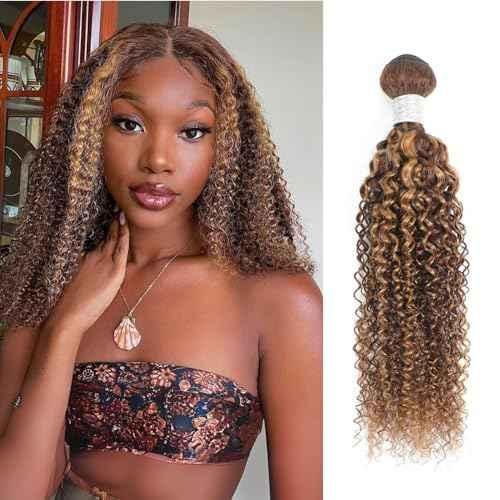 Honey Blonde Highlight Tight Kinky Curly Single Bundles Human Hair 22Inch, 100% Virgin Remy 12A Brazilian Curly Weave Bundles Human Hair Thick Track P4/27 Ombre Brown Colored Kinky Curly Bundles