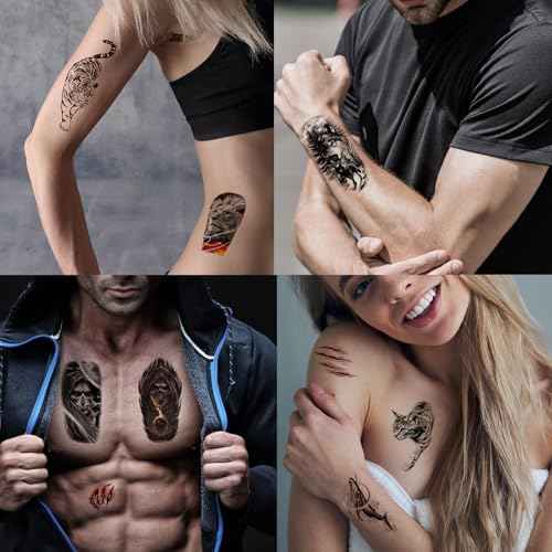 82 Sheets Halloween Temporary Tattoos, 3D Scary Lion Wolf Tiger Skull Skeleton Spider Fake Tattoos Stickers for Men Women Adults