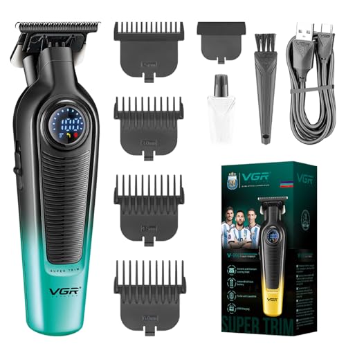VGR Hair Trimmer for Men, Cordless Hair Clippers with 7000RPM Motor, Ceramic Titanium Blade Beard Trimmer, LED Display, USB Rechargeable Grooming Tool for Beard Hairline Detail, V-996(Green)