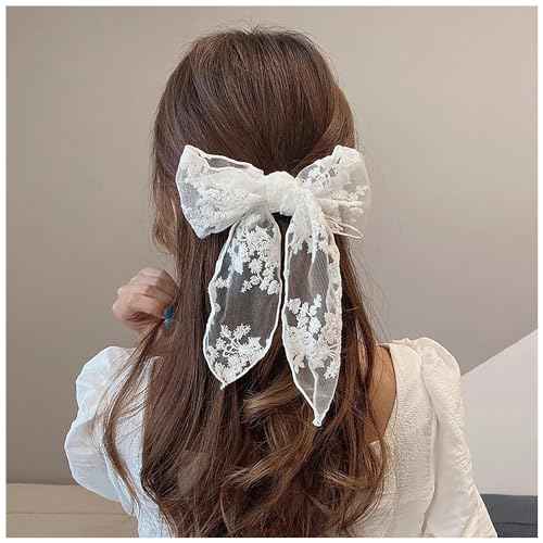 Large White Lace Hair Bow Clips for Women Girls | Cute Lace Bow for Hair Weighs Only 0.3 Oz | White Hair Decor for Wedding Pageant Prom Party Birthday Party Communion Bridal Shower (1 Pack)