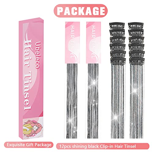 Black Hair Tinsel Clips - 12pcs 20.5 Inch Fairy Hair Extensions