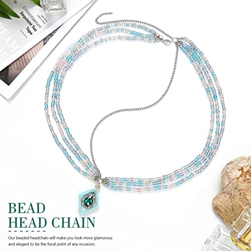 EARENT Boho Layered Beaded Head Chain Sparkly Crystal Headpiece Colorful Beads Costume Forehead Chains Summer Beach Hair Accessories for Women (B-Blue purple)