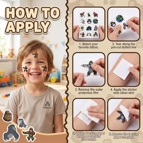 96 Pcs Gorilla Temporary Tattoos Safari Animal Party Favors