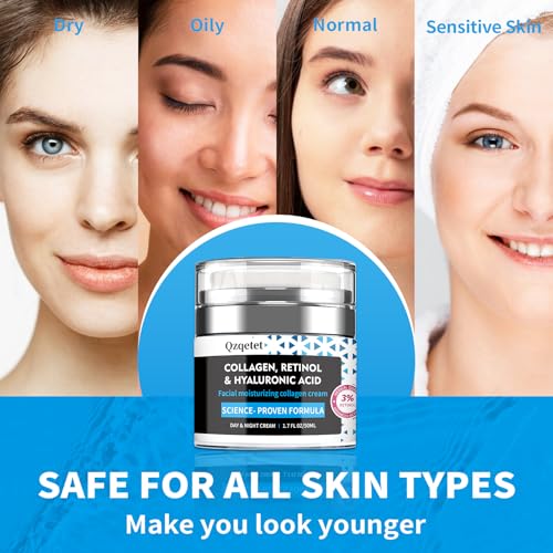 2pcs Face Cream Collagen, Retinol & Hyaluronic Acid Cream, 1.7 fl.oz Anti-Aging Facial Moisturizer, Daily Moisturizer Face Lotion for All Skin Tapes, Women and Men