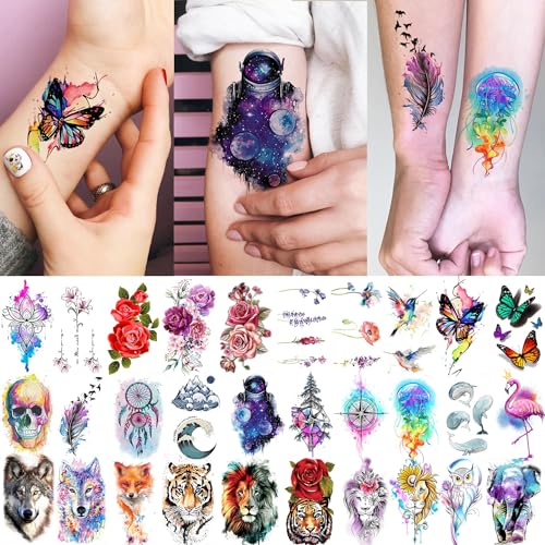 71 Sheets Temporary Tattoos - Watercolor Roses & Butterflies
