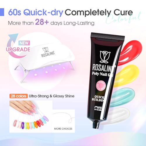 ROSALIND 28 Colors Poly Nail Gel Kit with Mini Lamp Clear Neon Christmas Poly Nail Gel Starter Kit for Beginners Halloween All Seasons Classic Colors with Everything